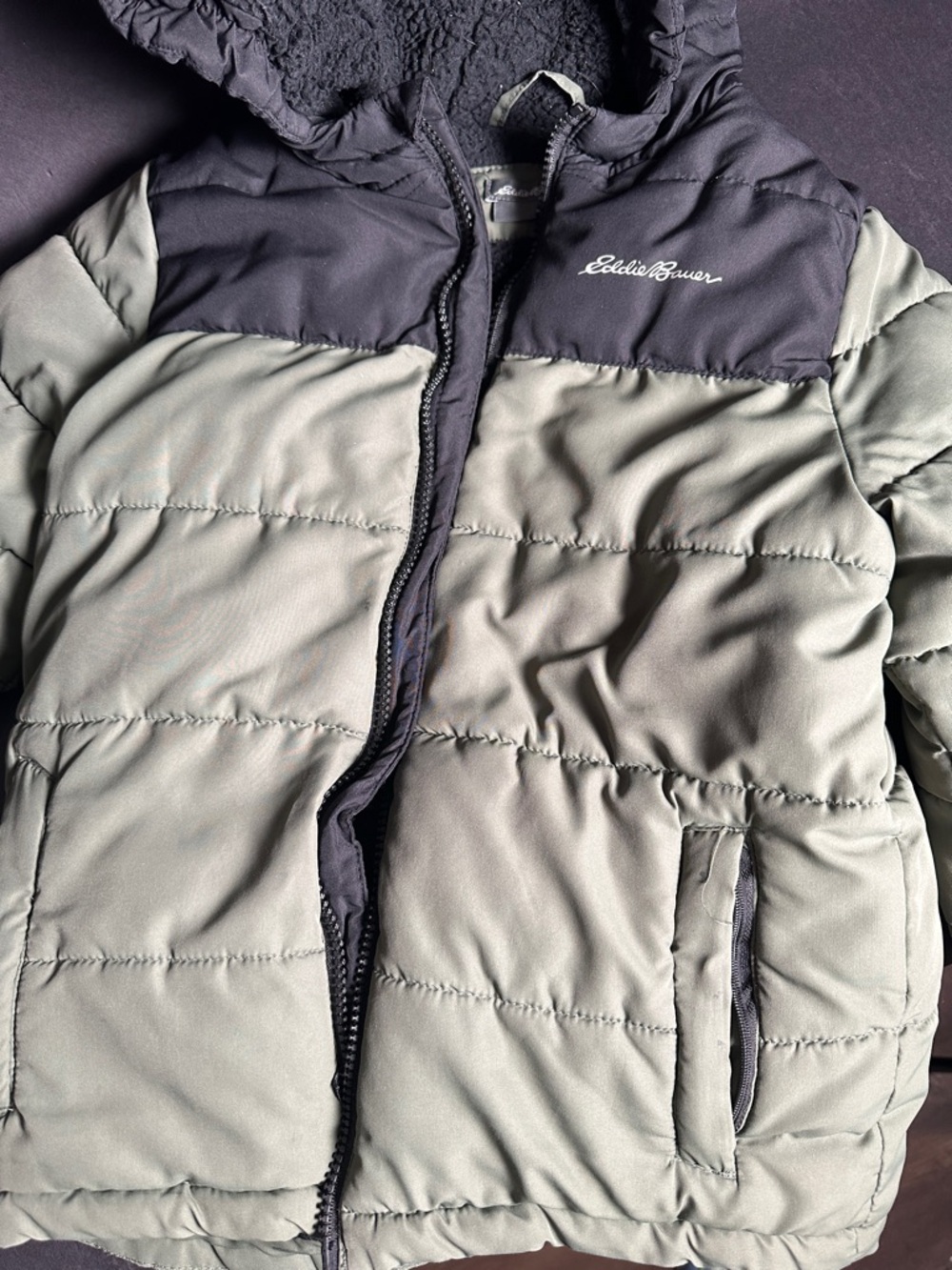 Eddie Bauer Kids Two-Tone Sage and Charcoal Puffer Jacket